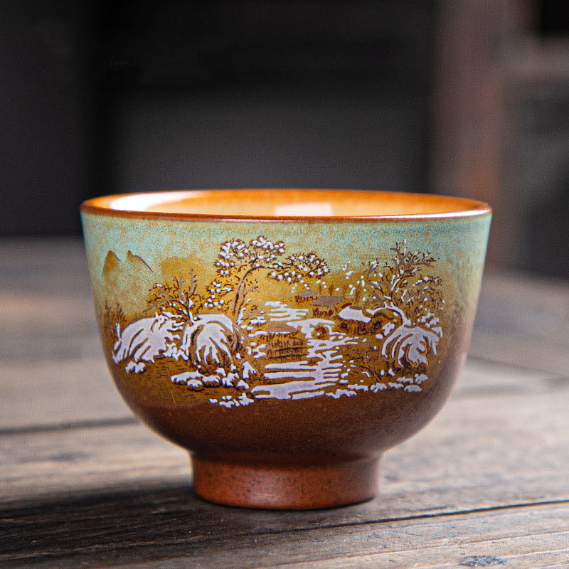 Zen-Teetasse aus Keramik mit Hirsch- und Bergmotiven, 150 ml