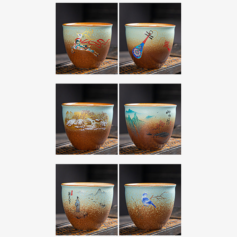 Zen-Teetasse aus Keramik mit Hirsch- und Bergmotiven, 150 ml