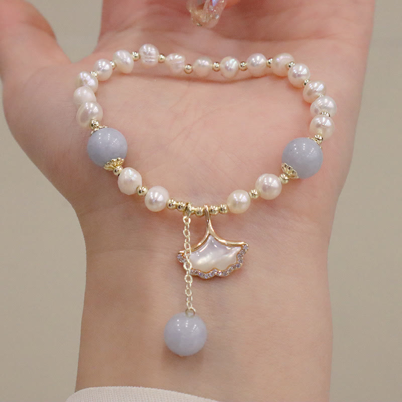 Aquamarine Pearl Healing Bracelet | Ginkgo Leaf & Butterfly Charm