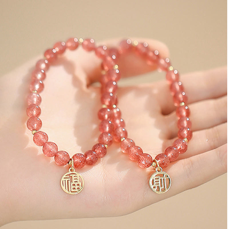 Strawberry Quartz Fu Character Healing Charm Bracelet