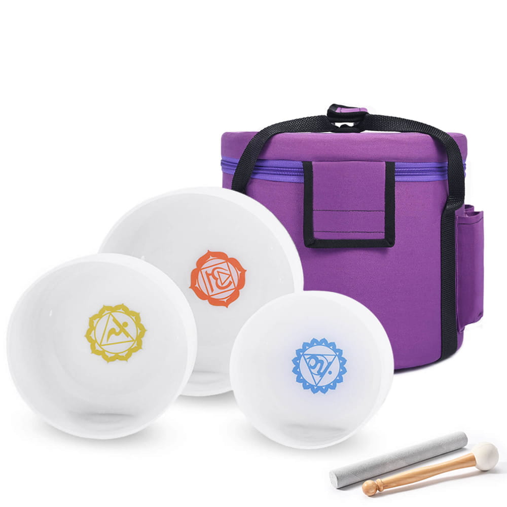 Crystal Singing Bowls with Chakra Symbols and Purple Carrying Case for Meditation