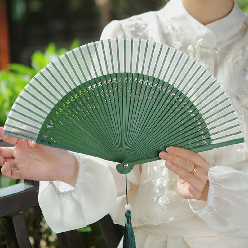 Chinesischer Faltfächer Libelle Maulbeerseide 23cm
