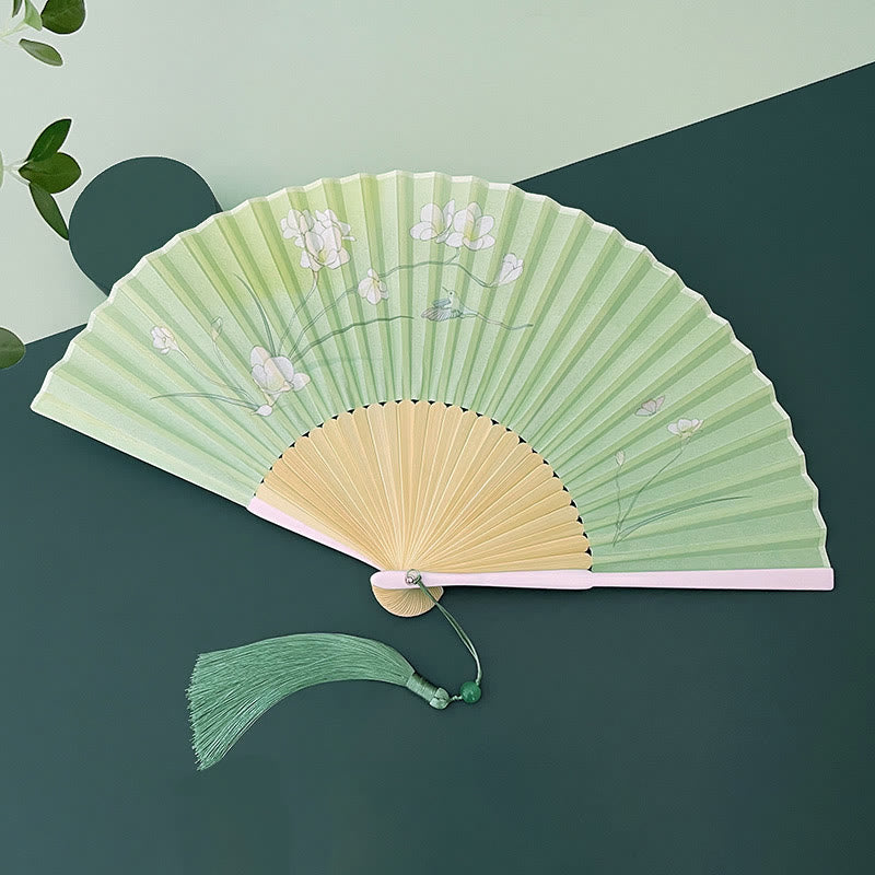 Chinesischer Faltfächer, Orchidee, Begonie, Bambus, Handfächer, 21–22 cm