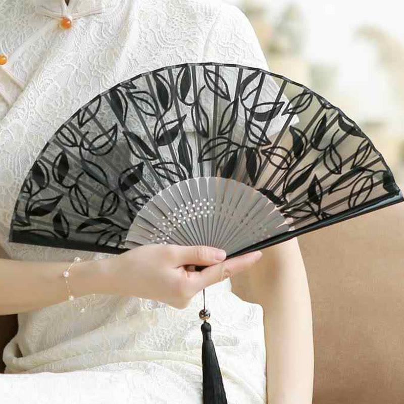 Chinesischer Faltfächer Retro Blätter Blume Seide Bambus Handheld