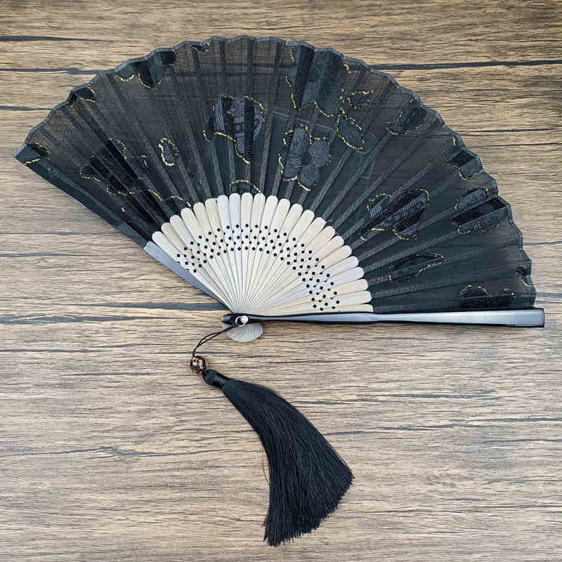 Chinesischer Faltfächer Retro Blätter Blume Seide Bambus Handheld