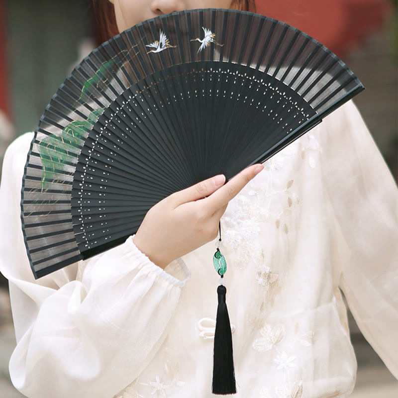 Chinesischer Faltfächer aus Seide und Bambus, 22,5 cm, Retro-Kranich
