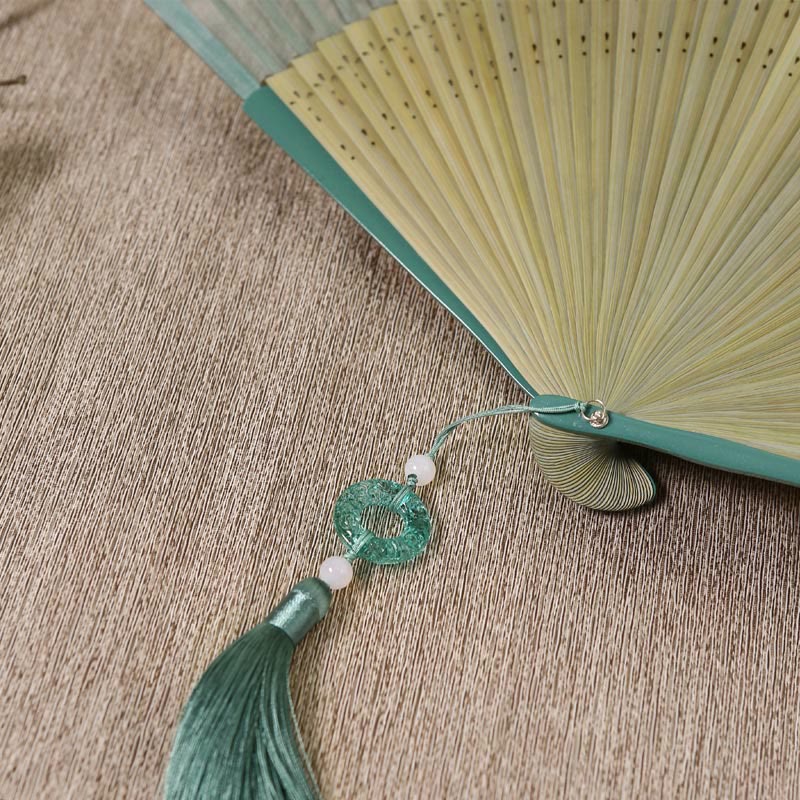 Chinesischer Faltfächer aus Seide und Bambus, 22,5 cm, Retro-Kranich
