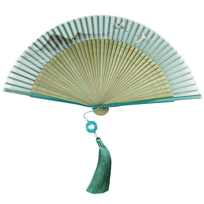 Chinesischer Faltfächer aus Seide und Bambus, 22,5 cm, Retro-Kranich