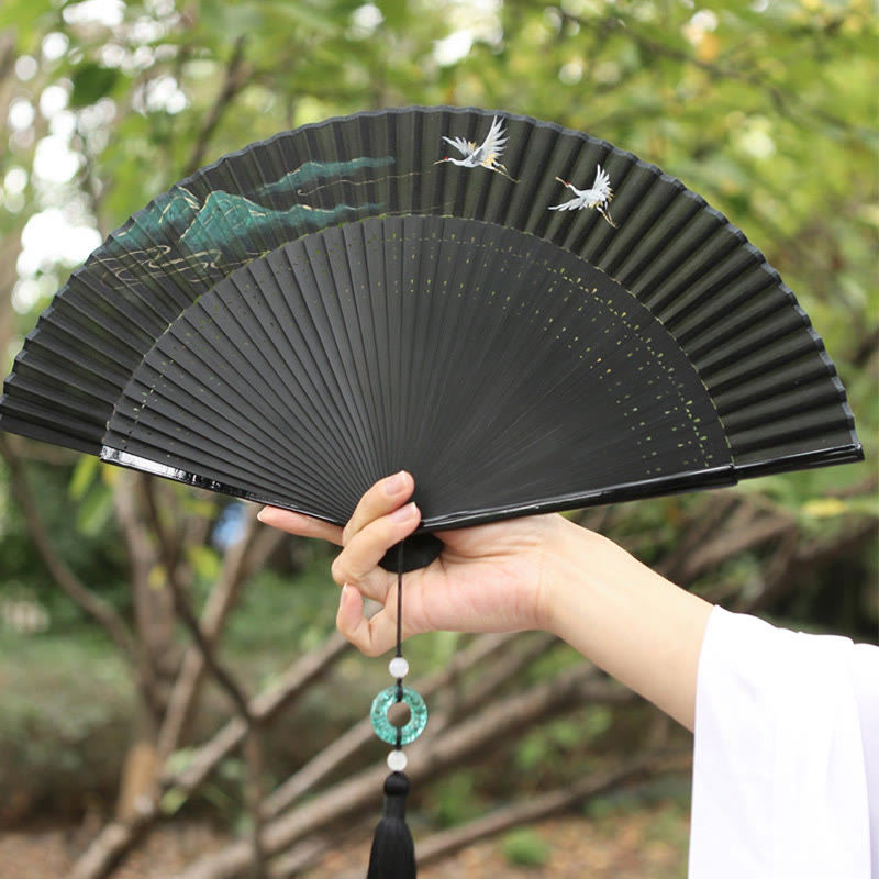Chinesischer Faltfächer aus Seide und Bambus, 22,5 cm, Retro-Kranich