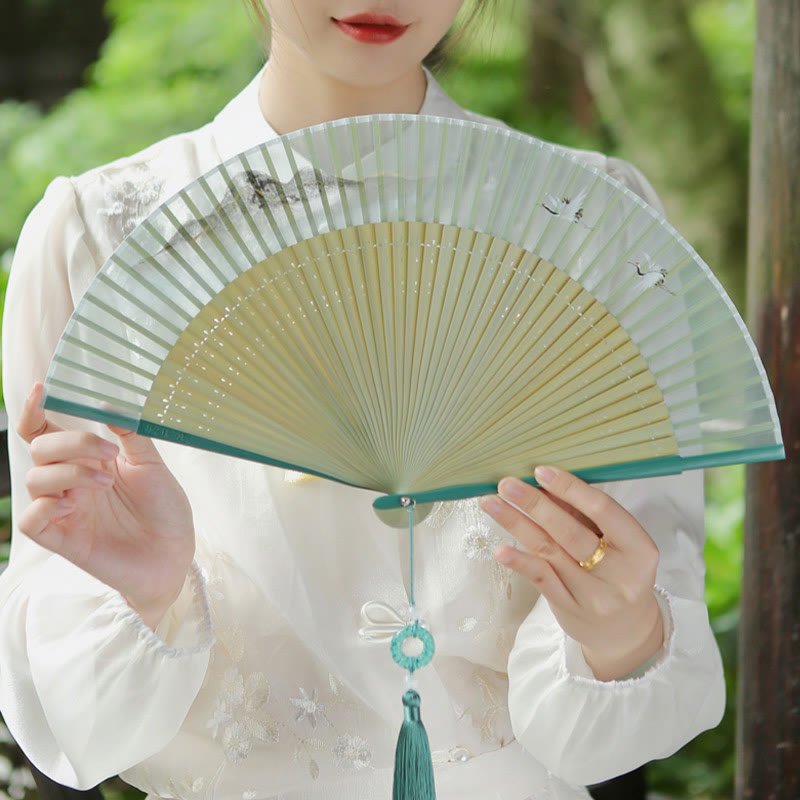 Chinesischer Faltfächer aus Seide und Bambus, 22,5 cm, Retro-Kranich