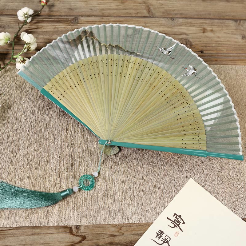 Chinesischer Faltfächer aus Seide und Bambus, 22,5 cm, Retro-Kranich