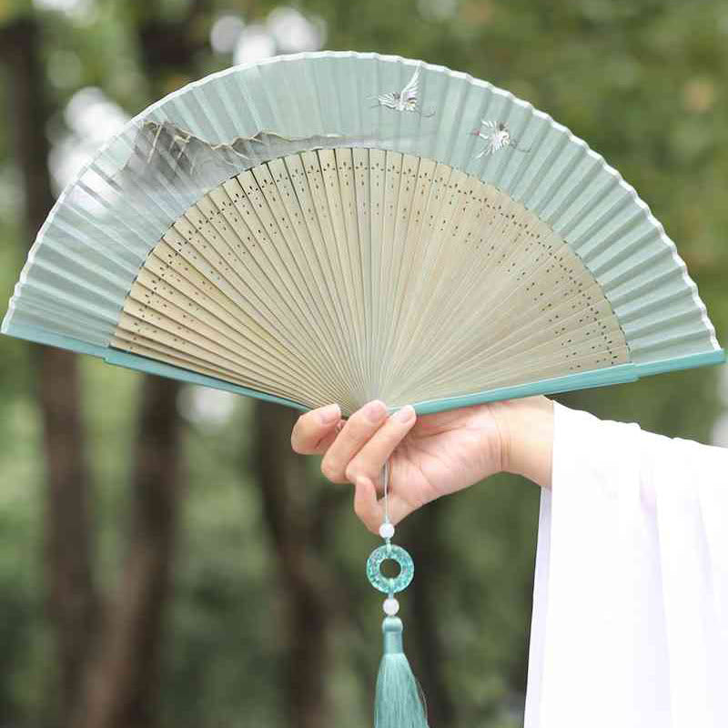 Chinesischer Faltfächer aus Seide und Bambus, 22,5 cm, Retro-Kranich