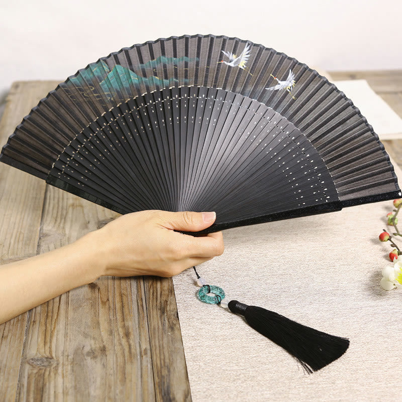 Chinesischer Faltfächer aus Seide und Bambus, 22,5 cm, Retro-Kranich