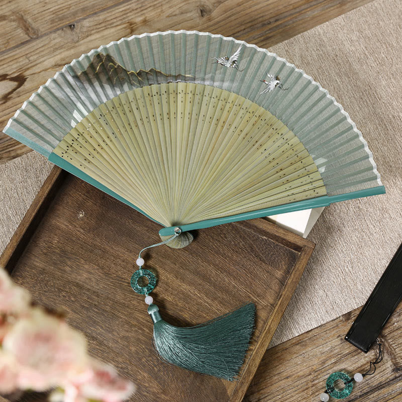 Chinesischer Faltfächer aus Seide und Bambus, 22,5 cm, Retro-Kranich