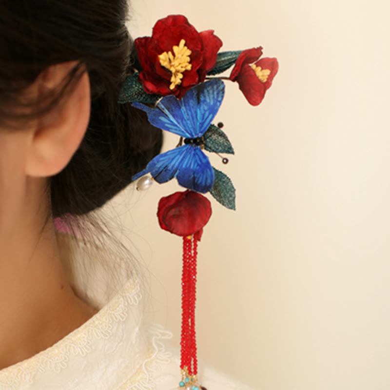 Chinesische Haarnadel | Rote Blume &amp; Blauer Schmetterling