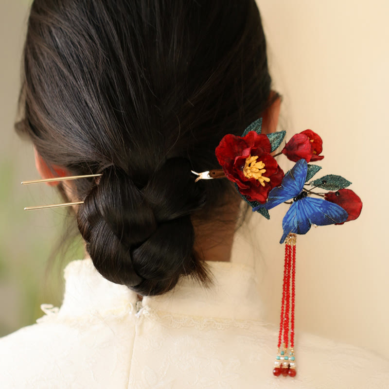 Chinesische Haarnadel | Rote Blume &amp; Blauer Schmetterling