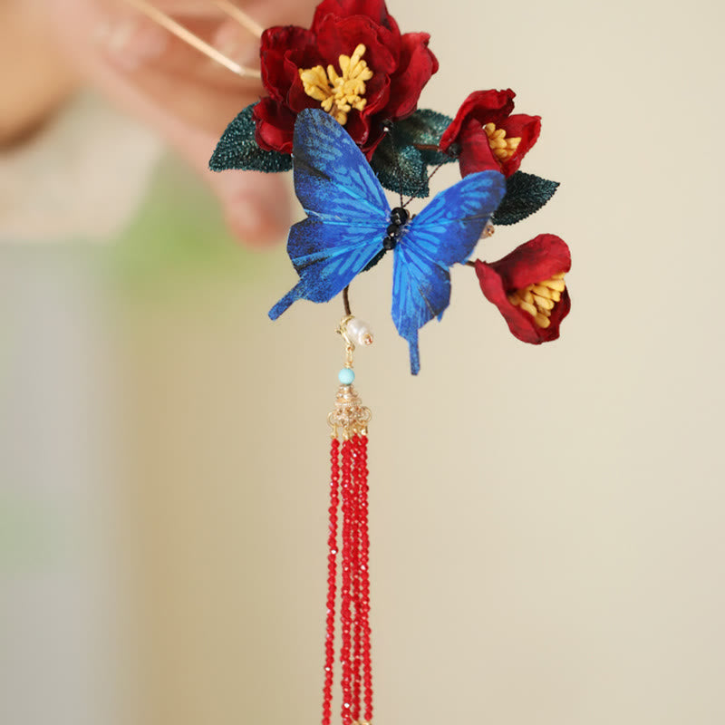 Chinesische Haarnadel | Rote Blume &amp; Blauer Schmetterling