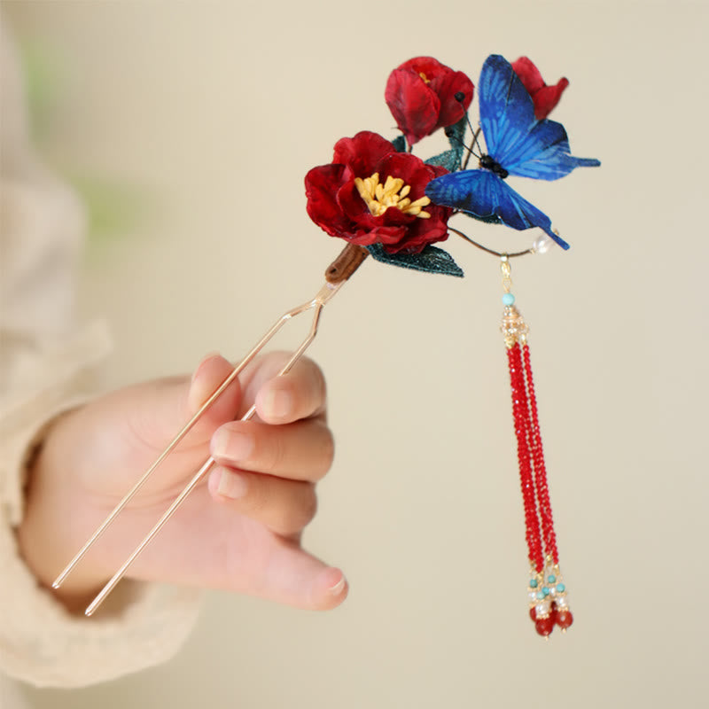 Chinesische Haarnadel | Rote Blume &amp; Blauer Schmetterling