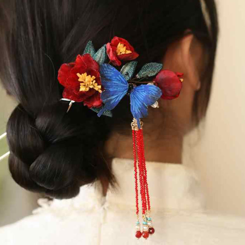 Chinesische Haarnadel | Rote Blume &amp; Blauer Schmetterling