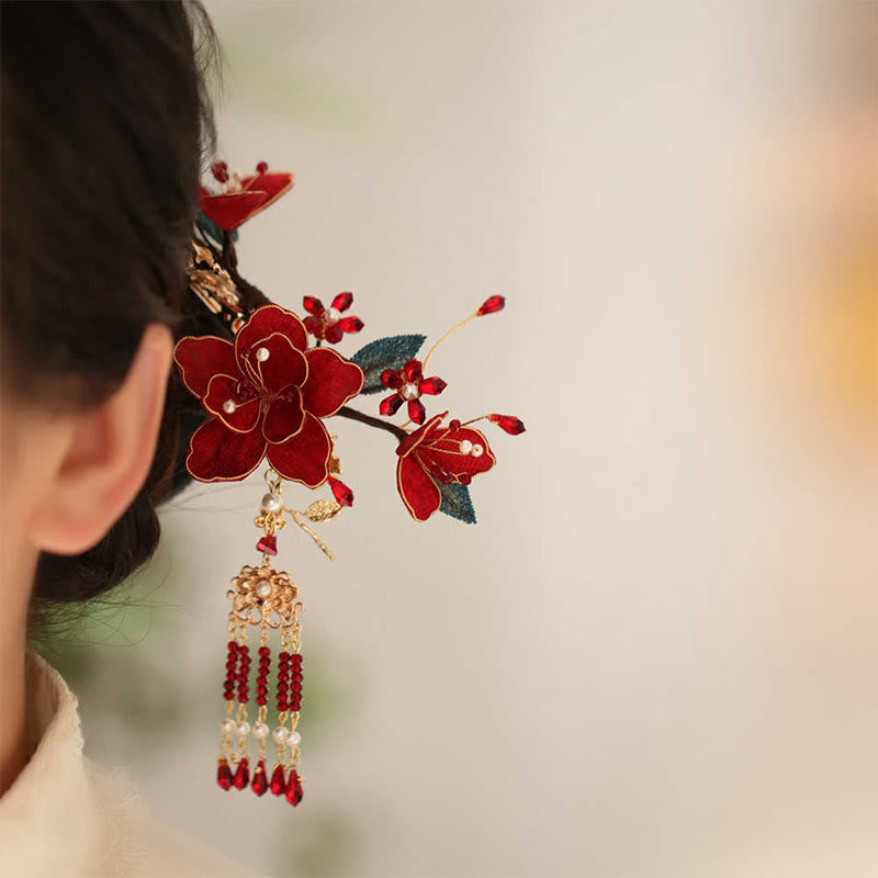 Chinesische Haarnadel Rote Blume Schmetterling Quaste Kamm