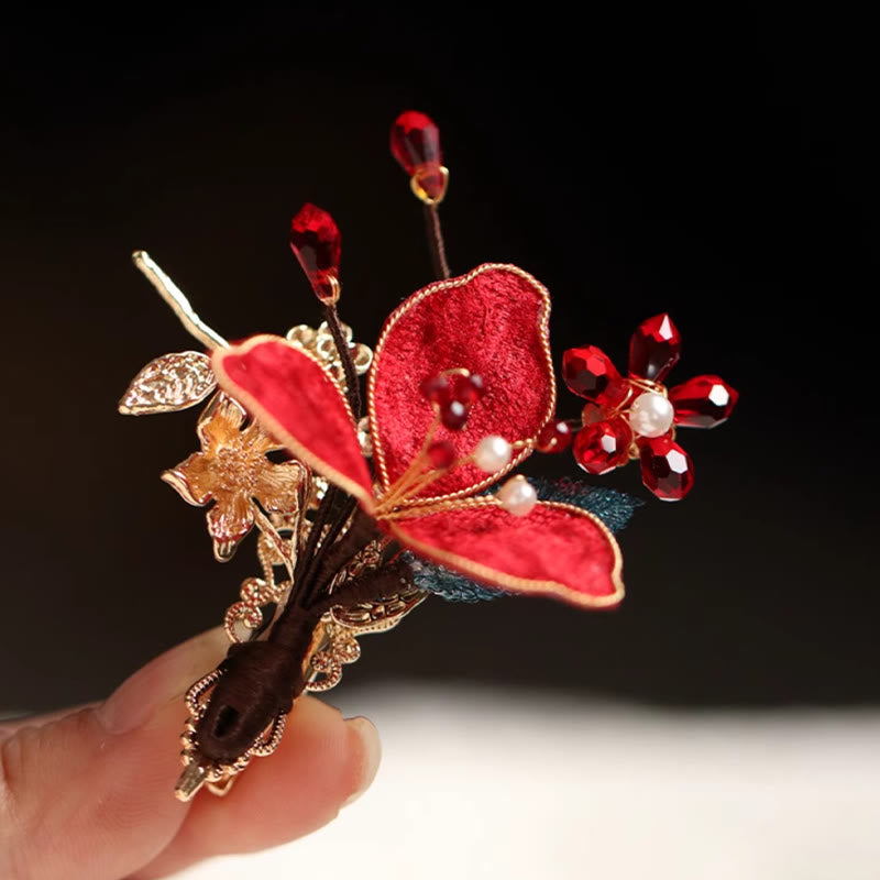 Chinesische Haarnadel Rote Blume Schmetterling Quaste Kamm