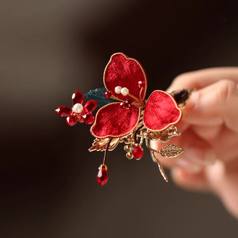 Chinesische Haarnadel Rote Blume Schmetterling Quaste Kamm