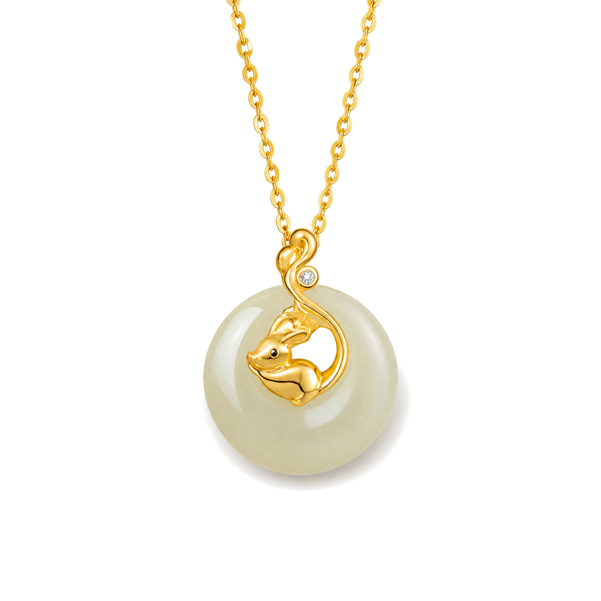 Chinese Zodiac Hetian Jade Abundance Necklace Pendant, Hetian Jade 925 Sterling Silver-Rat, on a white background