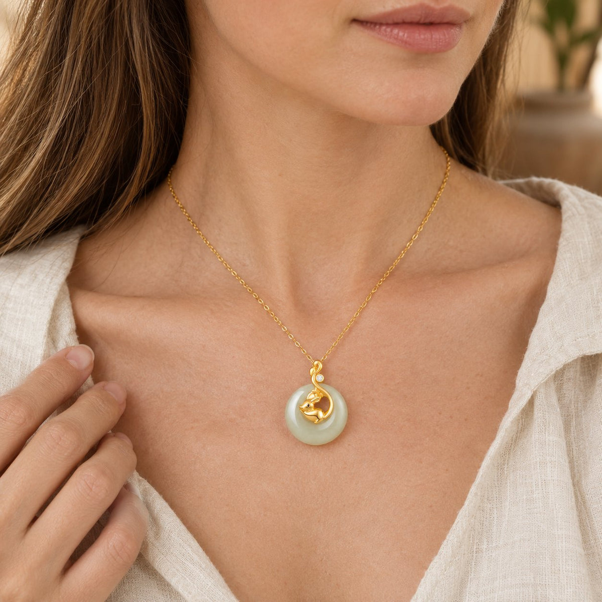 Chinese Zodiac Hetian Jade Abundance Necklace Pendant, worn on the neck by a woman