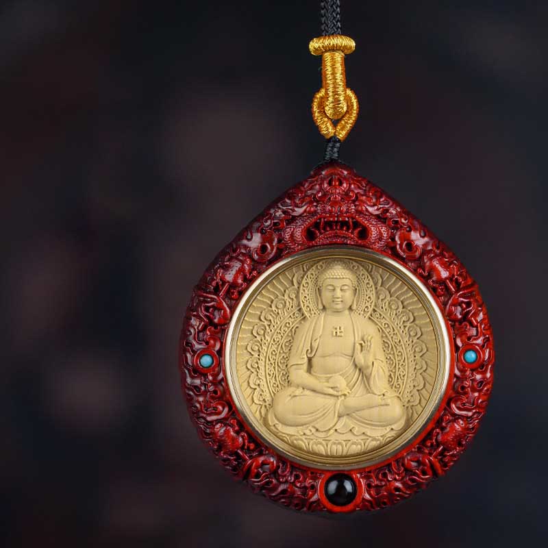 Chinesische Sternzeichen-Halskette mit Avalokitesvara und rotem Sandelholz-Anhänger