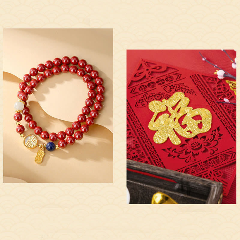Zinnoberarmband mit Fu-Charakter und Tridacna-Stein