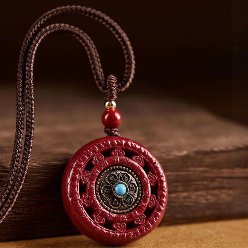 Zinnoberrote Halskette mit drehbarem Anhänger „Om Mani Padme Hum“ und Schlüsselanhänger