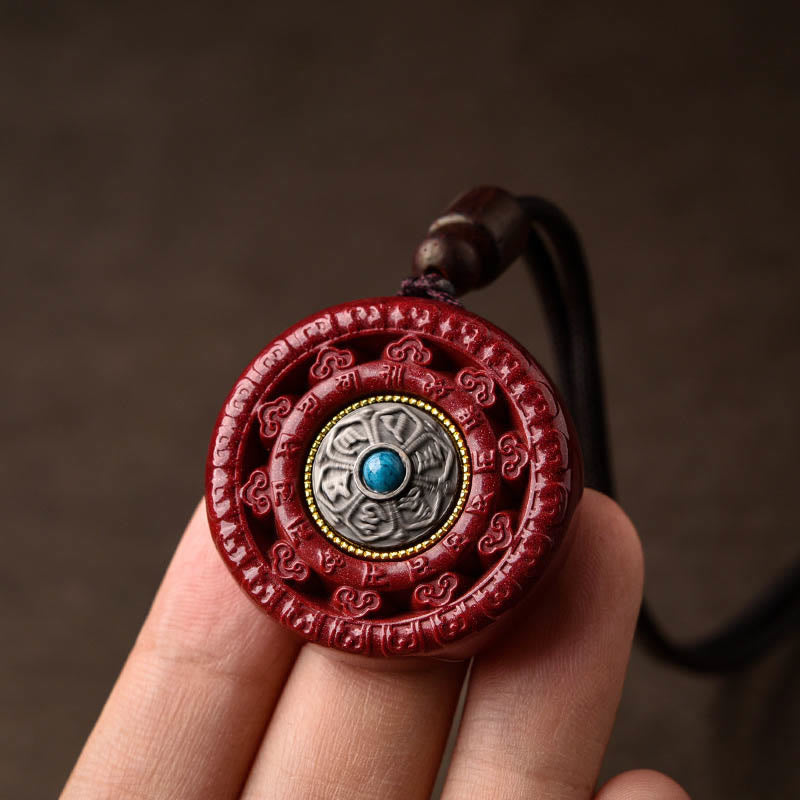 Zinnoberrote Halskette mit drehbarem Anhänger „Om Mani Padme Hum“ und Schlüsselanhänger