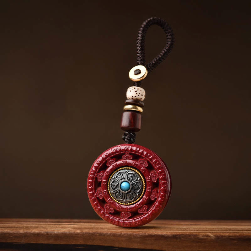 Zinnoberrote Halskette mit drehbarem Anhänger „Om Mani Padme Hum“ und Schlüsselanhänger