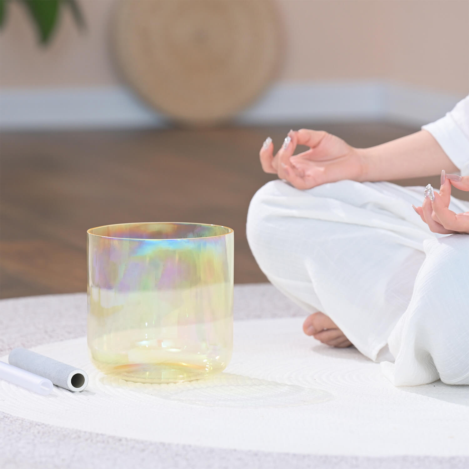 Iridescent Citrine Crystal Singing Bowl with rainbow reflection for sound healing