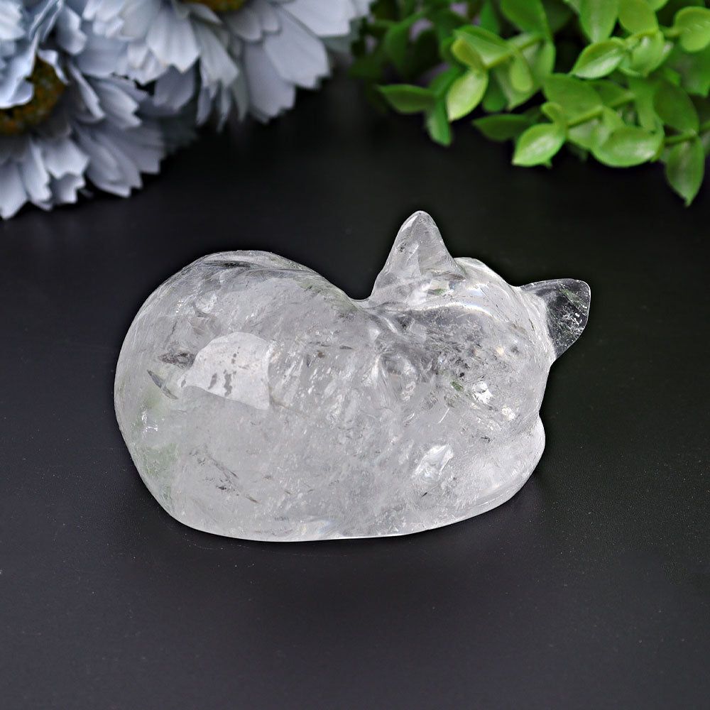 Kristallfigur aus klarem Quarz, schlafende Katze, 5,3 cm