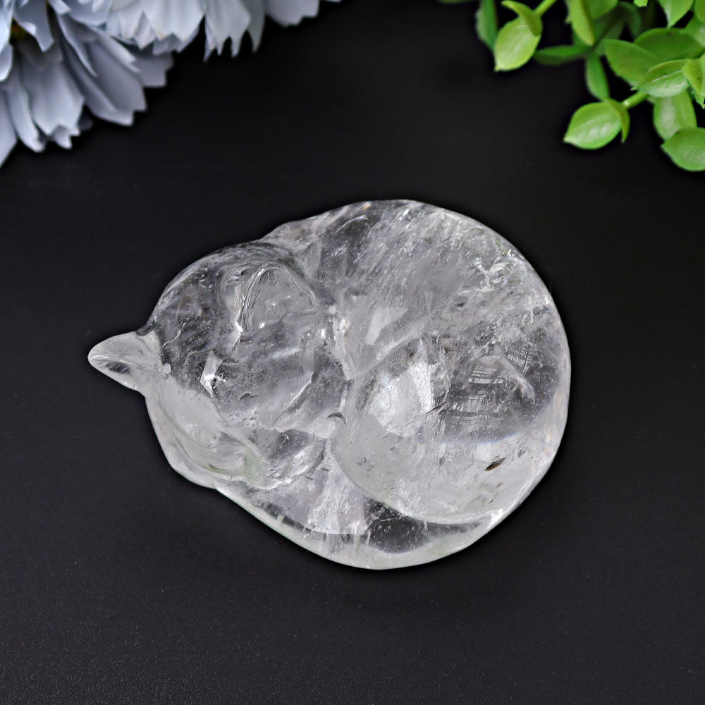 Kristallfigur aus klarem Quarz, schlafende Katze, 5,3 cm
