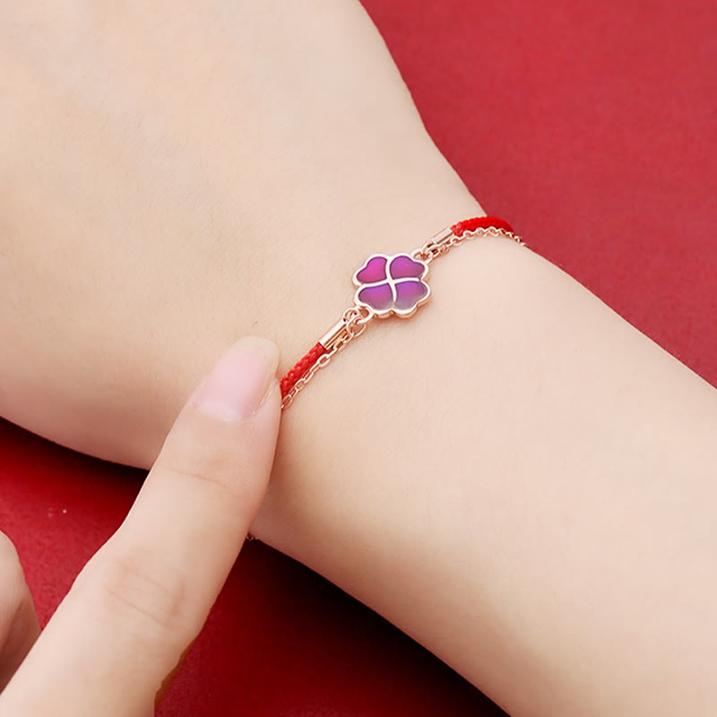 Farbwechselndes vierblättriges Kleeblatt-Armband mit roter Schnur aus 925er Silber für Glück