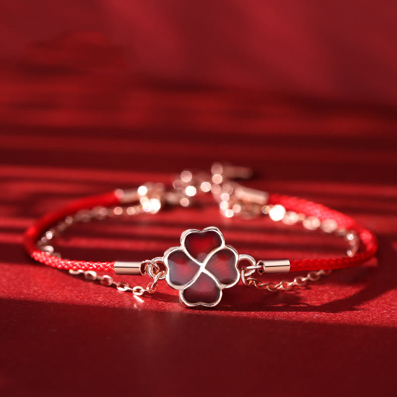 Farbwechselndes vierblättriges Kleeblatt-Armband mit roter Schnur aus 925er Silber für Glück