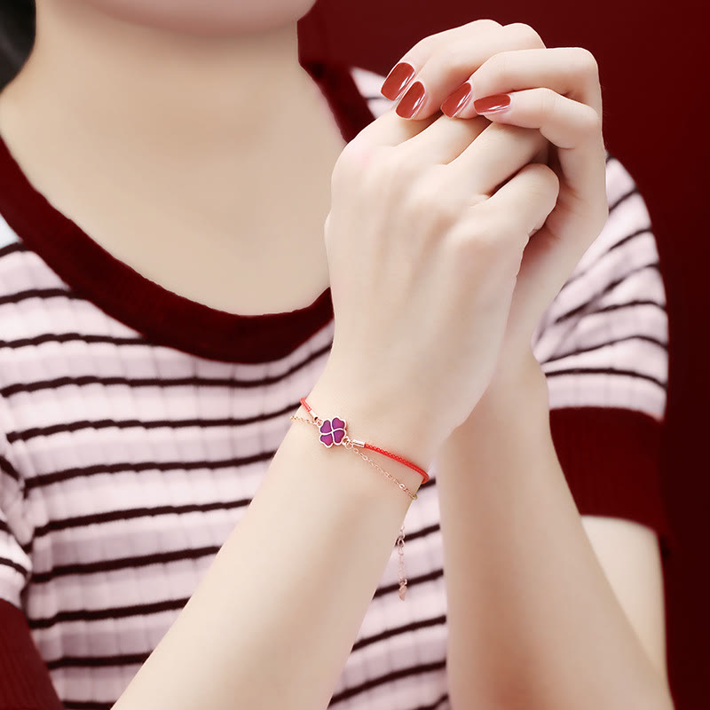Farbwechselndes vierblättriges Kleeblatt-Armband mit roter Schnur aus 925er Silber für Glück