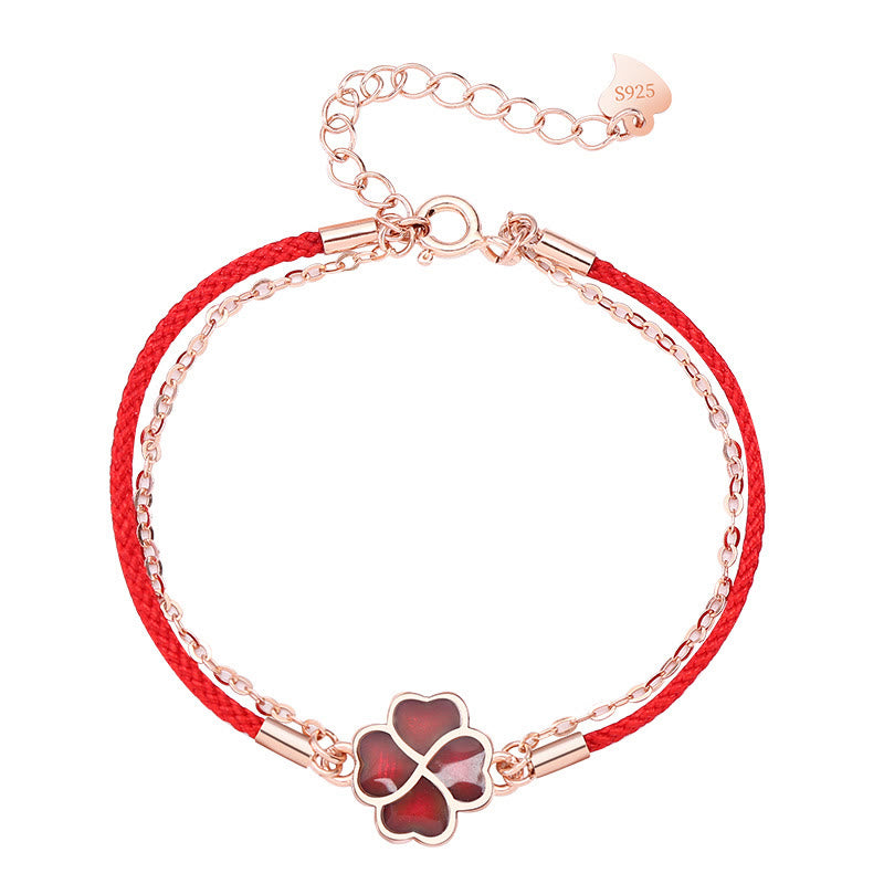 Farbwechselndes vierblättriges Kleeblatt-Armband mit roter Schnur aus 925er Silber für Glück