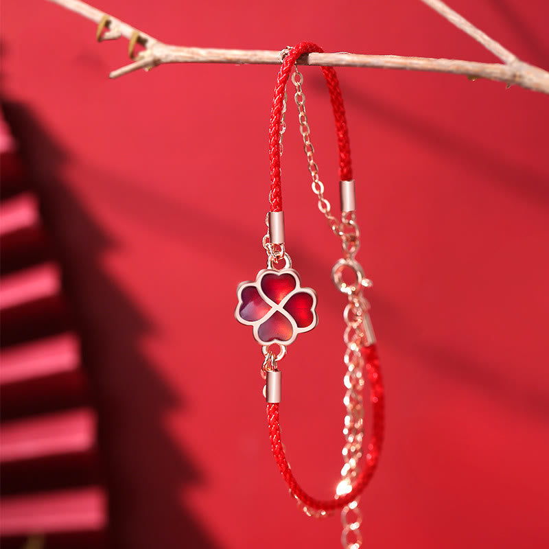 Farbwechselndes vierblättriges Kleeblatt-Armband mit roter Schnur aus 925er Silber für Glück