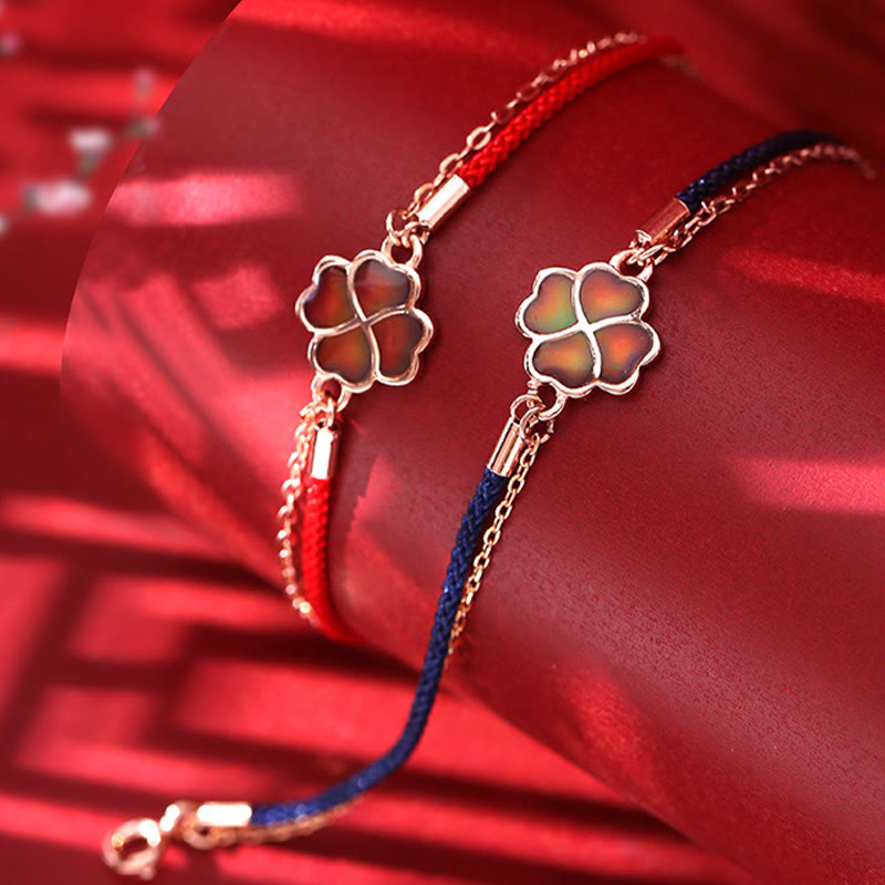Farbwechselndes vierblättriges Kleeblatt-Armband mit roter Schnur aus 925er Silber für Glück