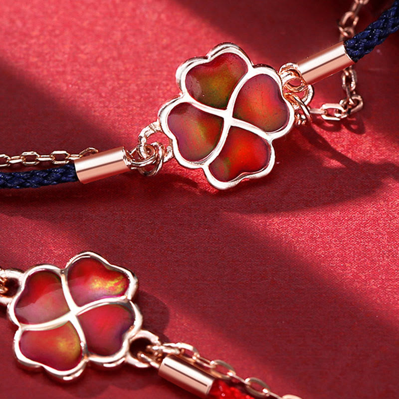 Farbwechselndes vierblättriges Kleeblatt-Armband mit roter Schnur aus 925er Silber für Glück