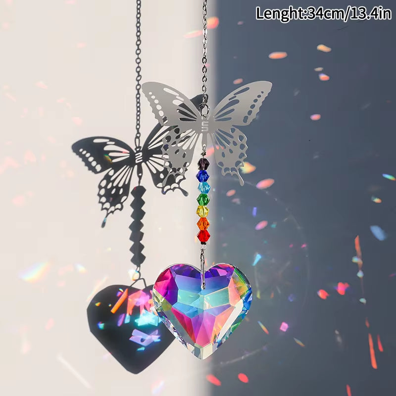 Colorful Crystal Suncatcher Wind Chime Spinner with butterflies and heart-shaped prisms