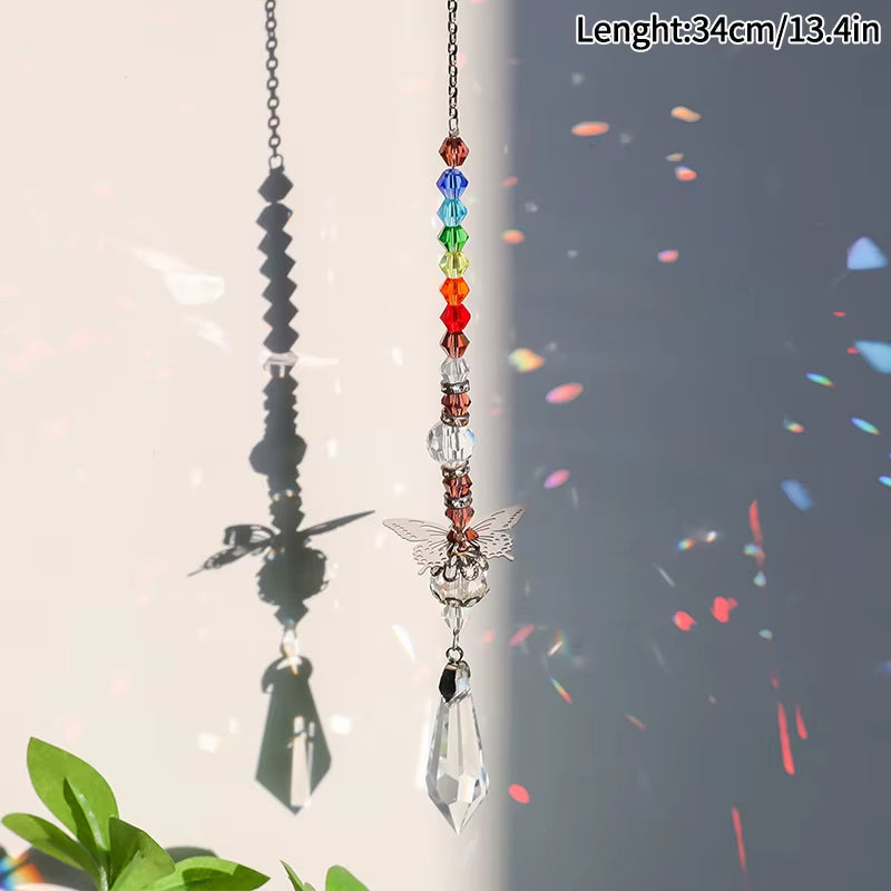 Colorful Crystal Suncatcher Wind Chime Spinner with rainbow beads and angel charm