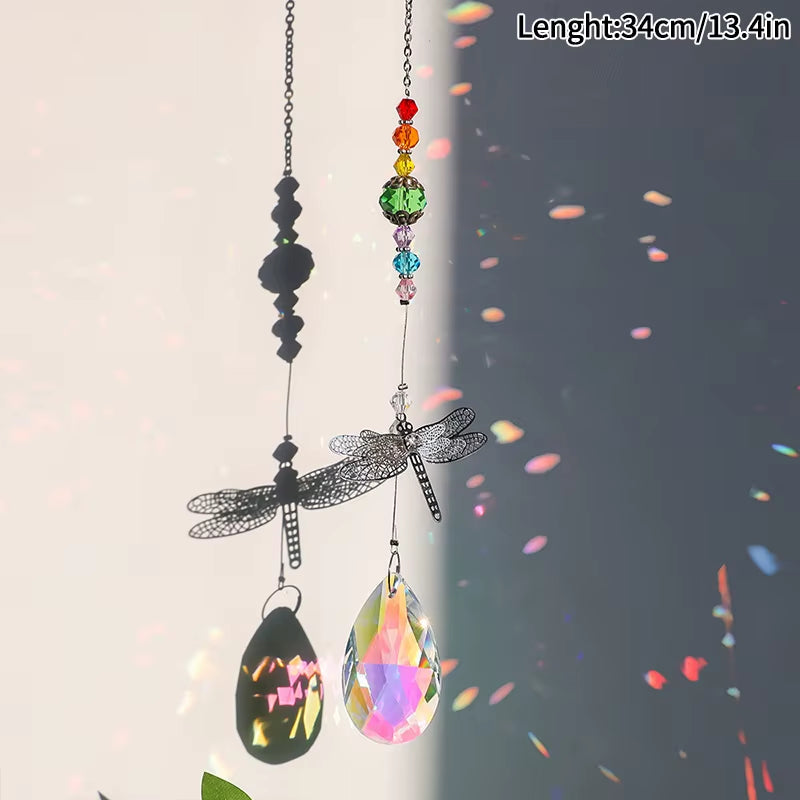 Crystal suncatcher wind chime spinner with dragonfly and colorful beads