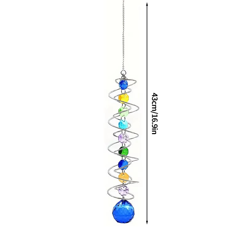 Spiral crystal suncatcher with colorful beads and blue sphere pendant for vibrant decor