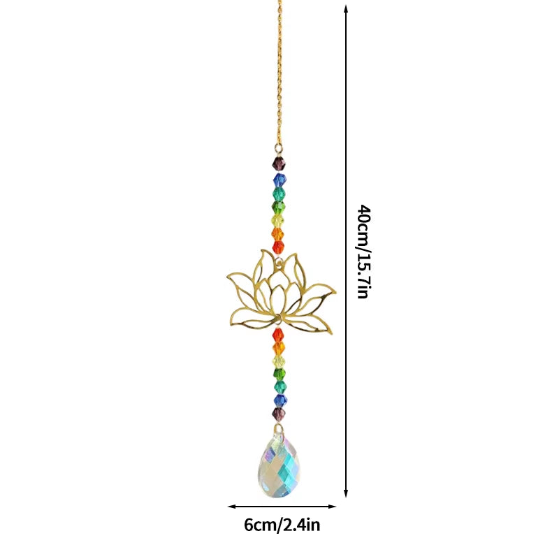 Hanging crystal suncatcher with lotus flower and chakra beads for vibrant decor