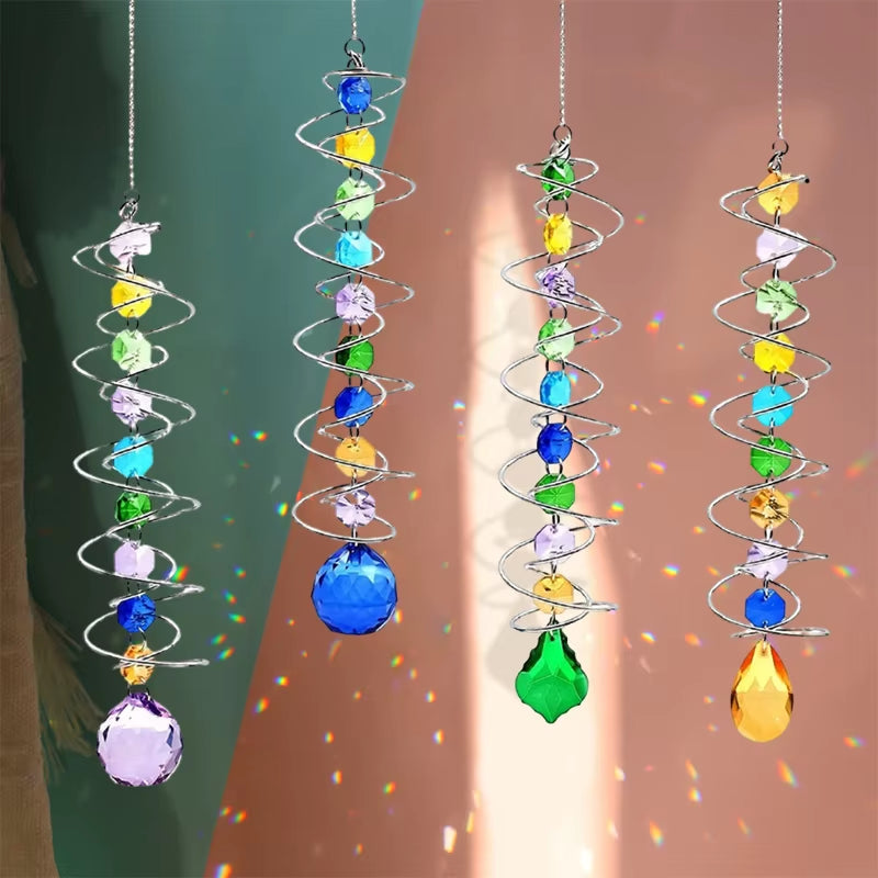 Spiral Crystal Suncatchers with Colorful Beads and Teardrop Pendants Wind Chime Spinner