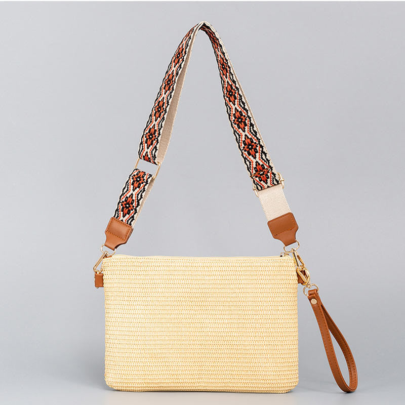 Bunte geometrische Boho-Umhängetasche aus gewebtem Stroh, 28 cm